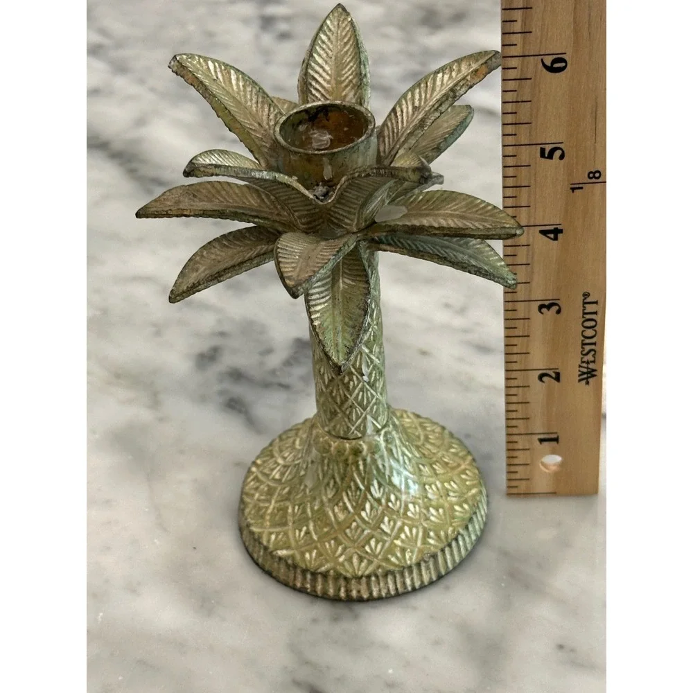 Vintage Brass Palm Tree Candlestick Hollywood Regency Coastal Palm Beach 6in